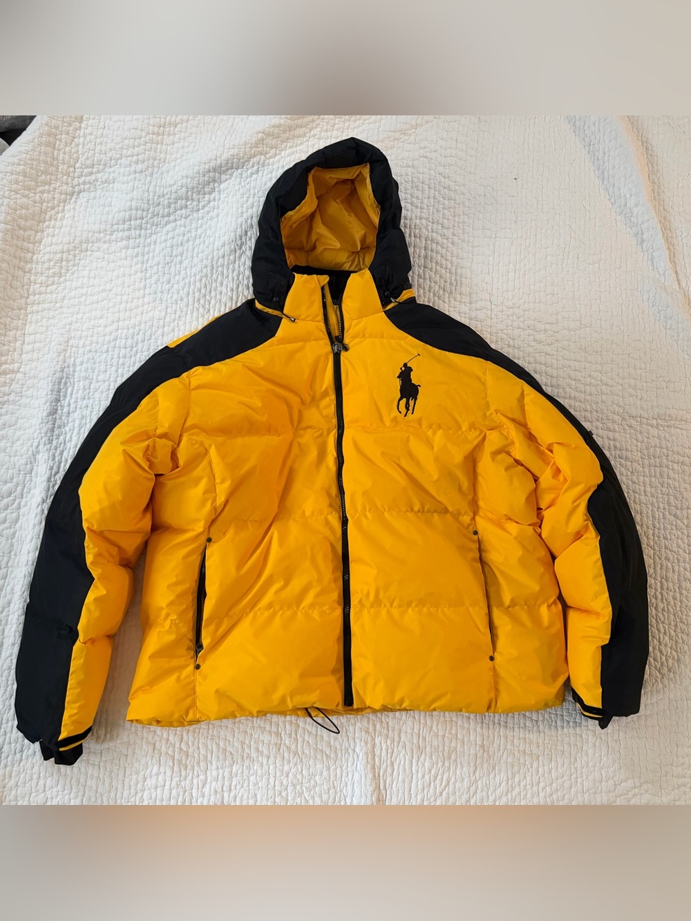 Polo Ralph Lauren Men’s Yellow & Black Down Puffer Jacket with Removable Hood